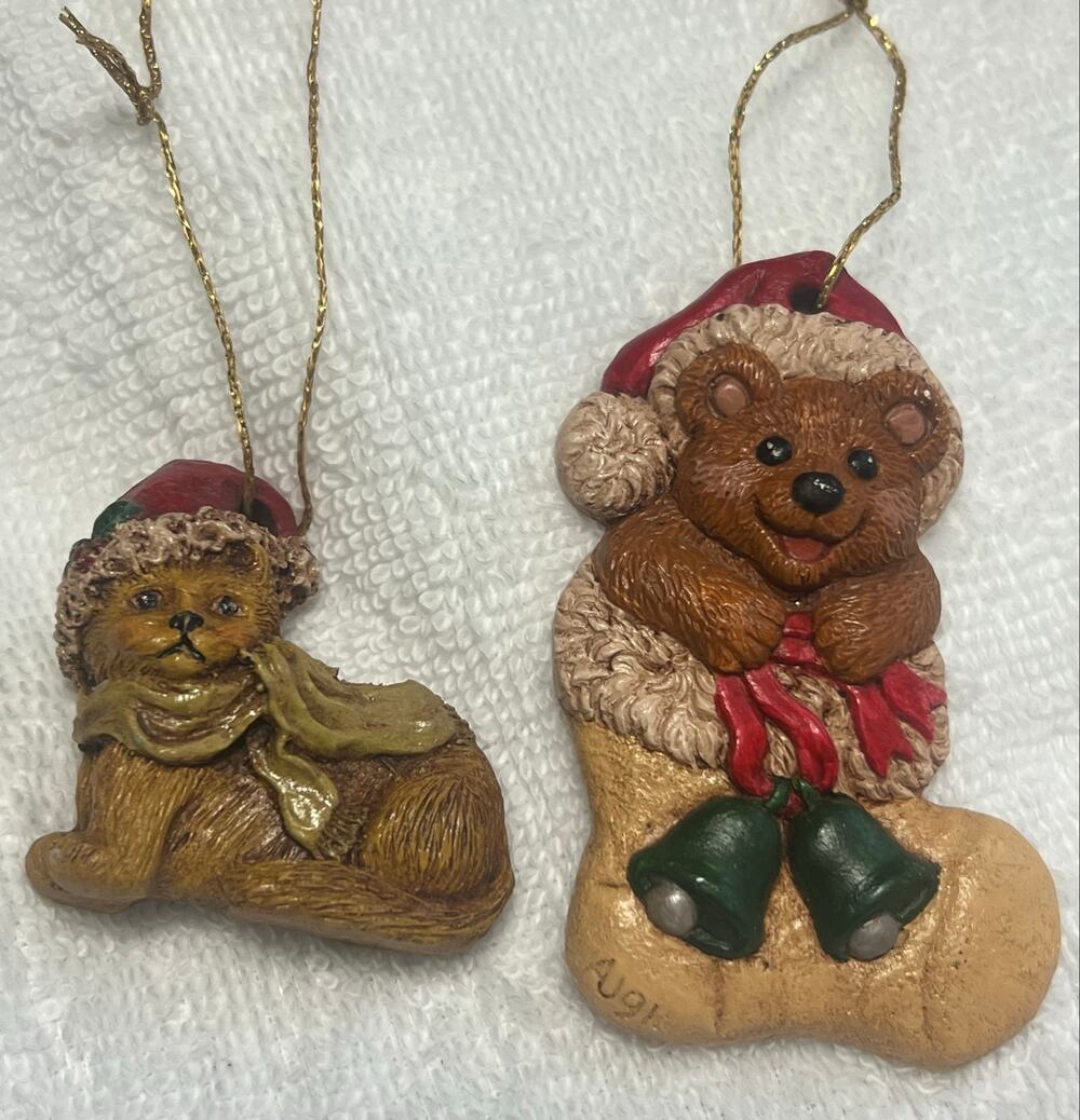 Sherry McNeil Signed Christmas Ornament Lot of 2 Teddy Bear & Cat 90s  Folk Art